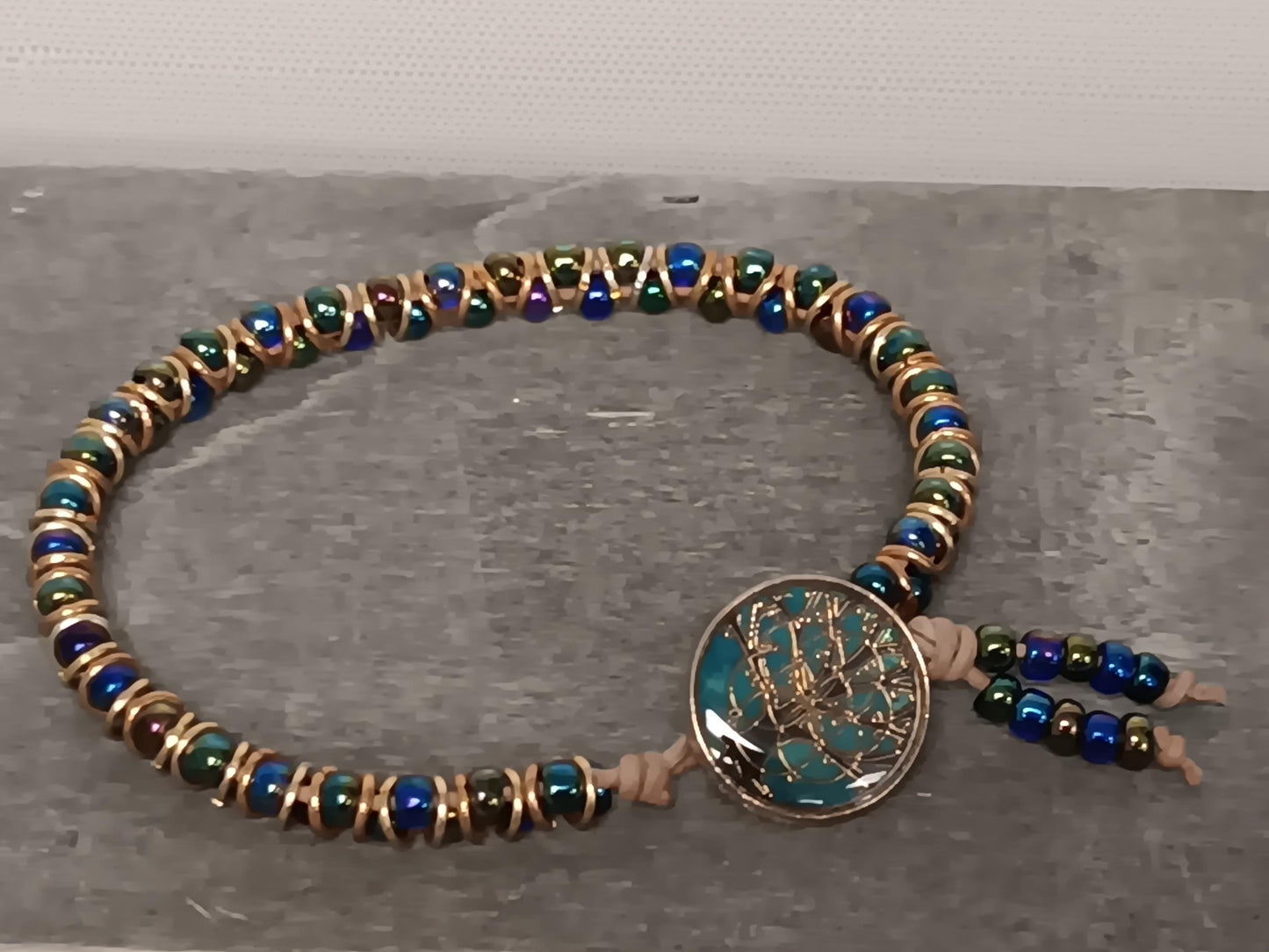 Czech Republic glass cabochon beaded bracelet, on leather cord. Glass bracelet, shank button bracelet.