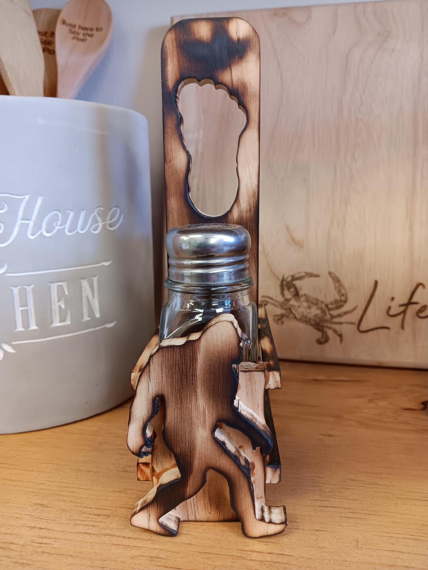 Bigfoot Salt & Pepper Shakers- with caddy! Bigfoot kitchenware