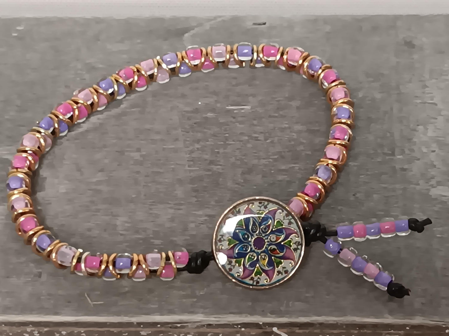 Czech Republic glass cabochon beaded bracelet, on leather cord. Glass bracelet, shank button bracelet.
