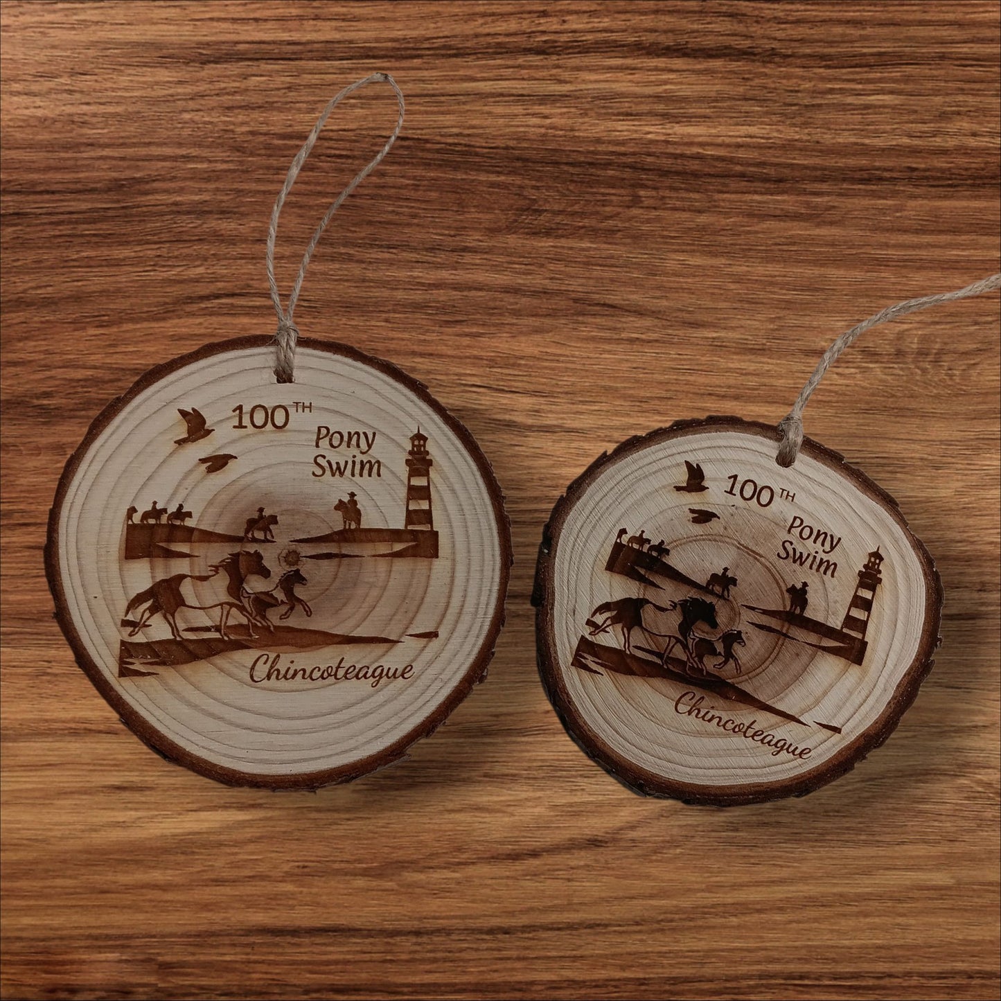 100th Pony Swim Wooden Ornament- Living Edge!