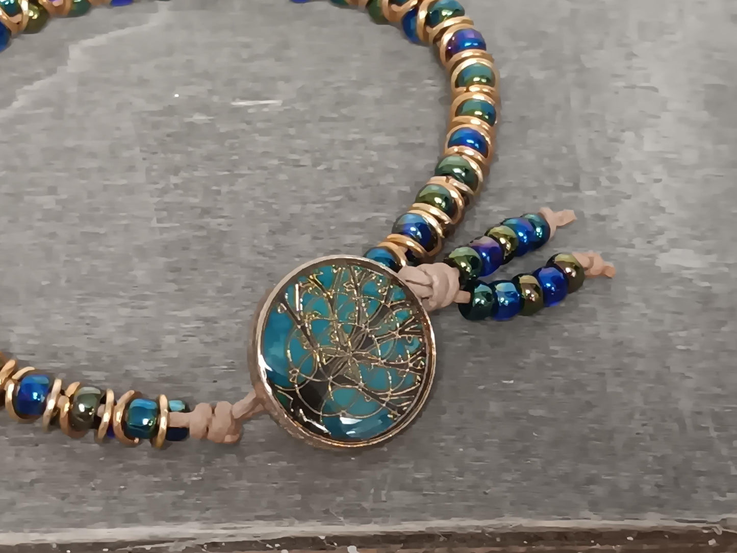 Czech Republic glass cabochon beaded bracelet, on leather cord. Glass bracelet, shank button bracelet.