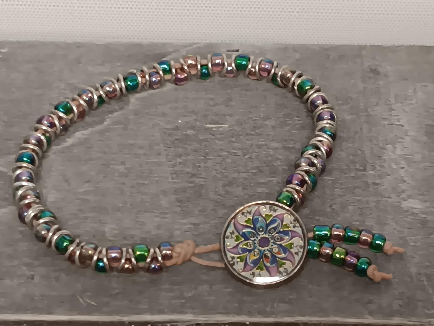 Czech Republic glass cabochon beaded bracelet, on leather cord. Glass bracelet, shank button bracelet.
