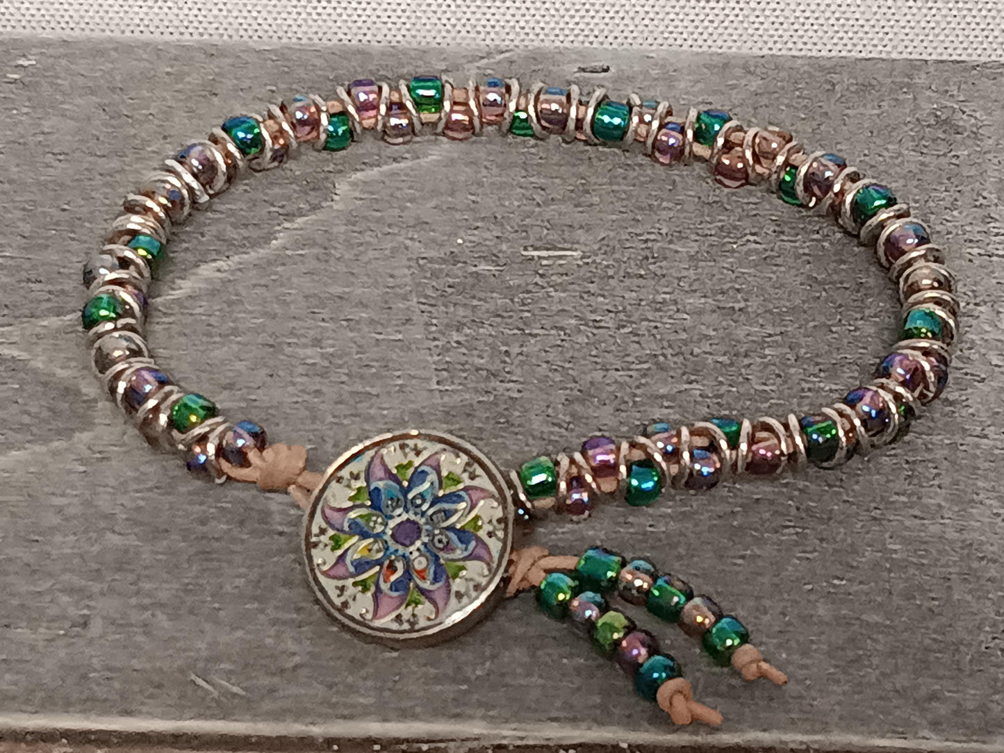 Czech Republic glass cabochon beaded bracelet, on leather cord. Glass bracelet, shank button bracelet.