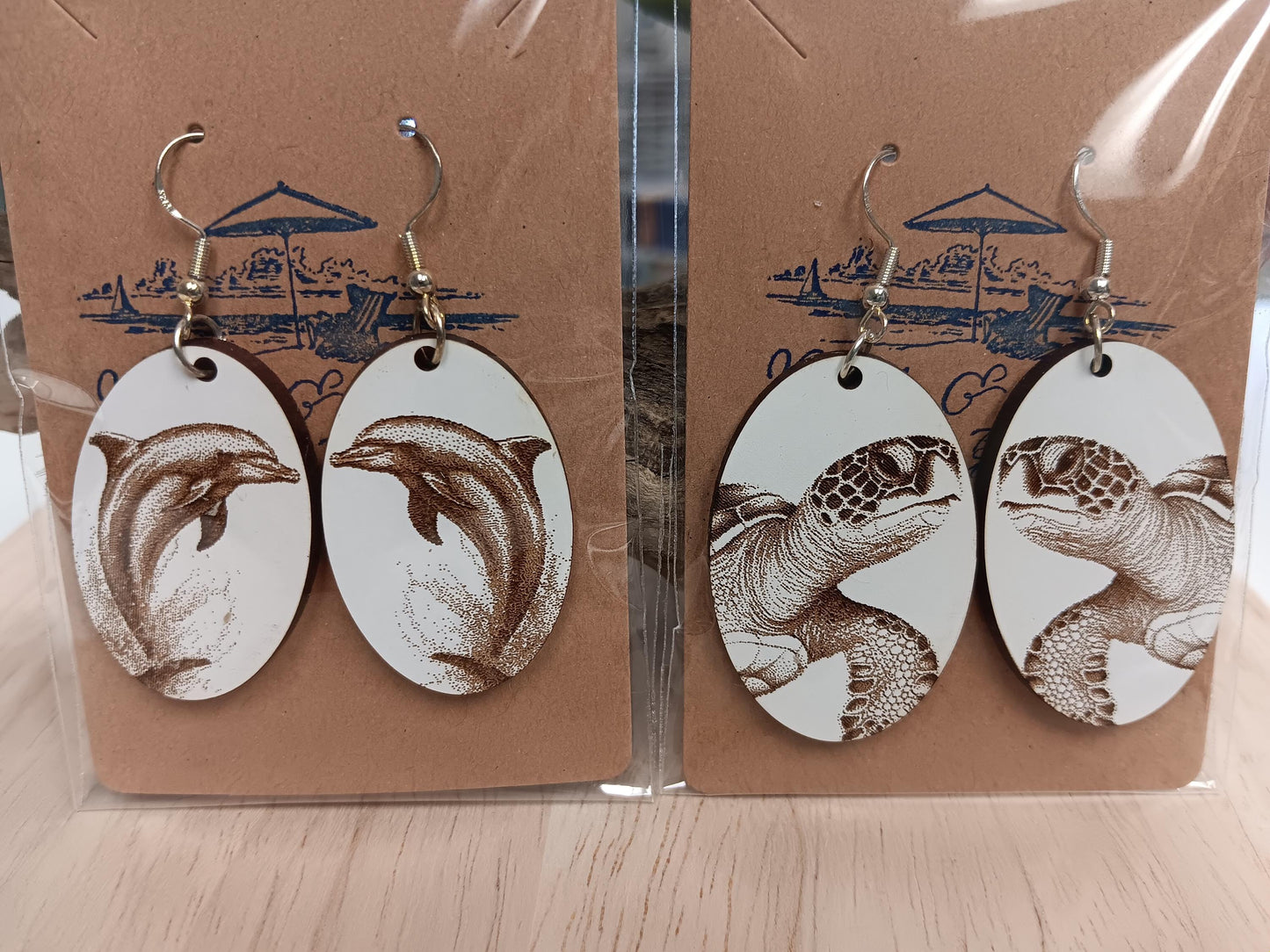 Sea turtle earrings, Dolphin earrings! Engraved wood dangle earrings