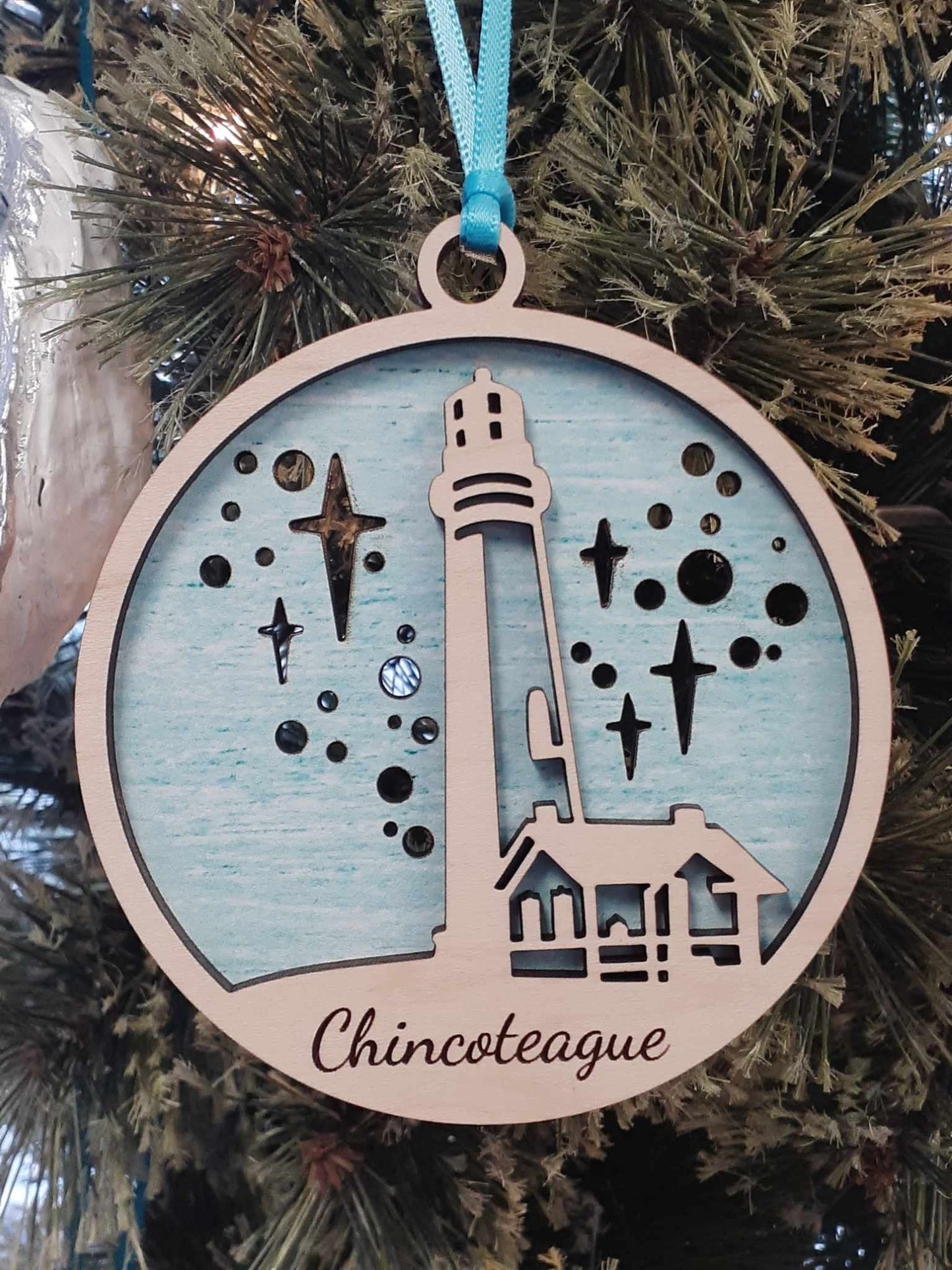 Layered wooden Chincoteague Island Lighthouse ornament