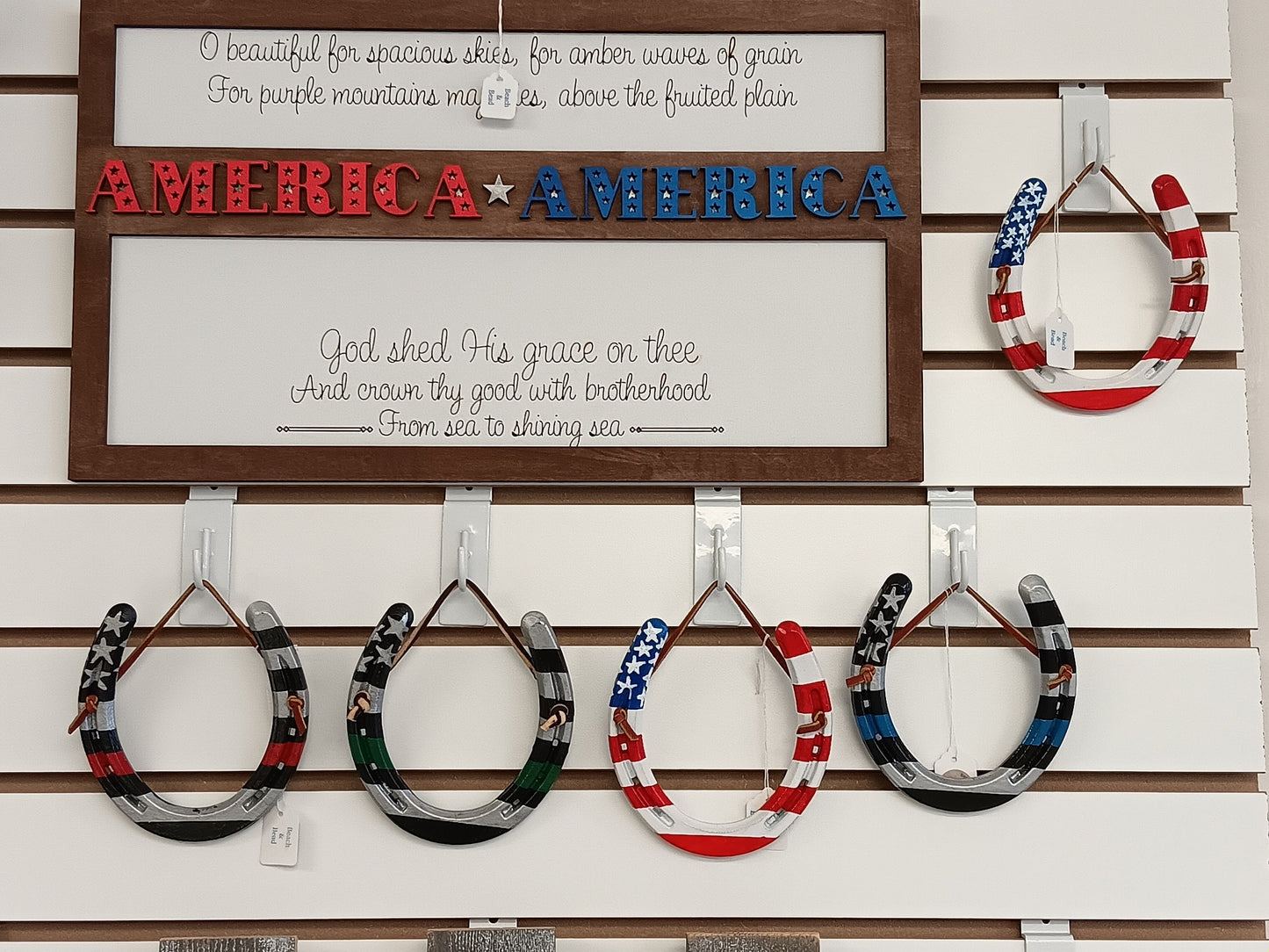 Patriotic Painted Horseshoe Art- American flag style (Fire, Police, Military gift)