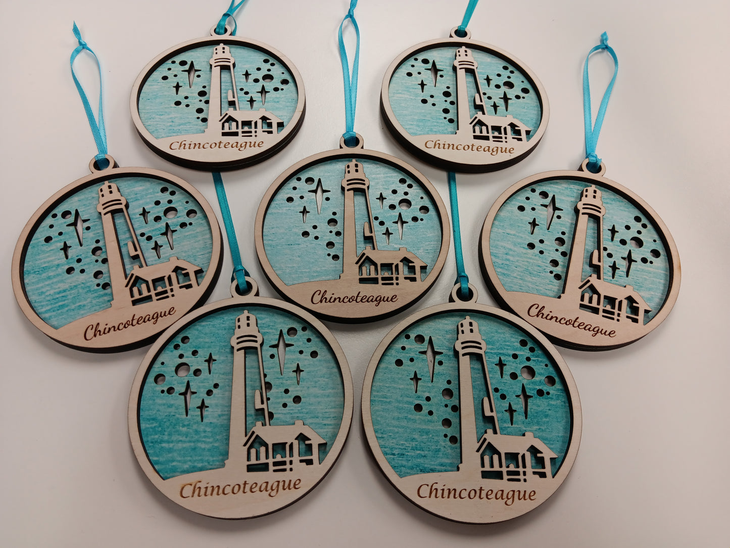 Layered wooden Chincoteague Island Lighthouse ornament