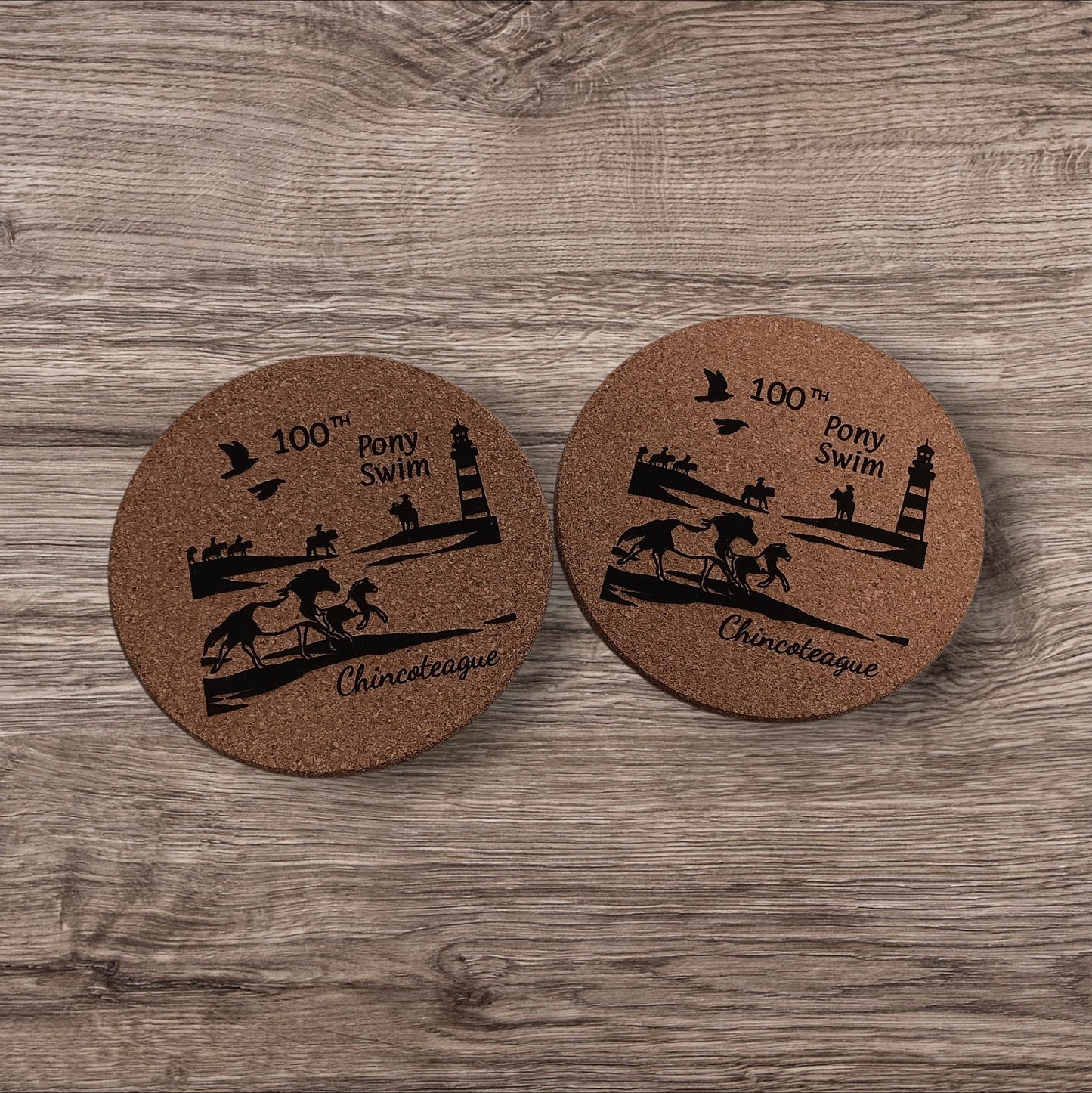 100th Pony Swim Coaster Set- (4) Cork Coasters!