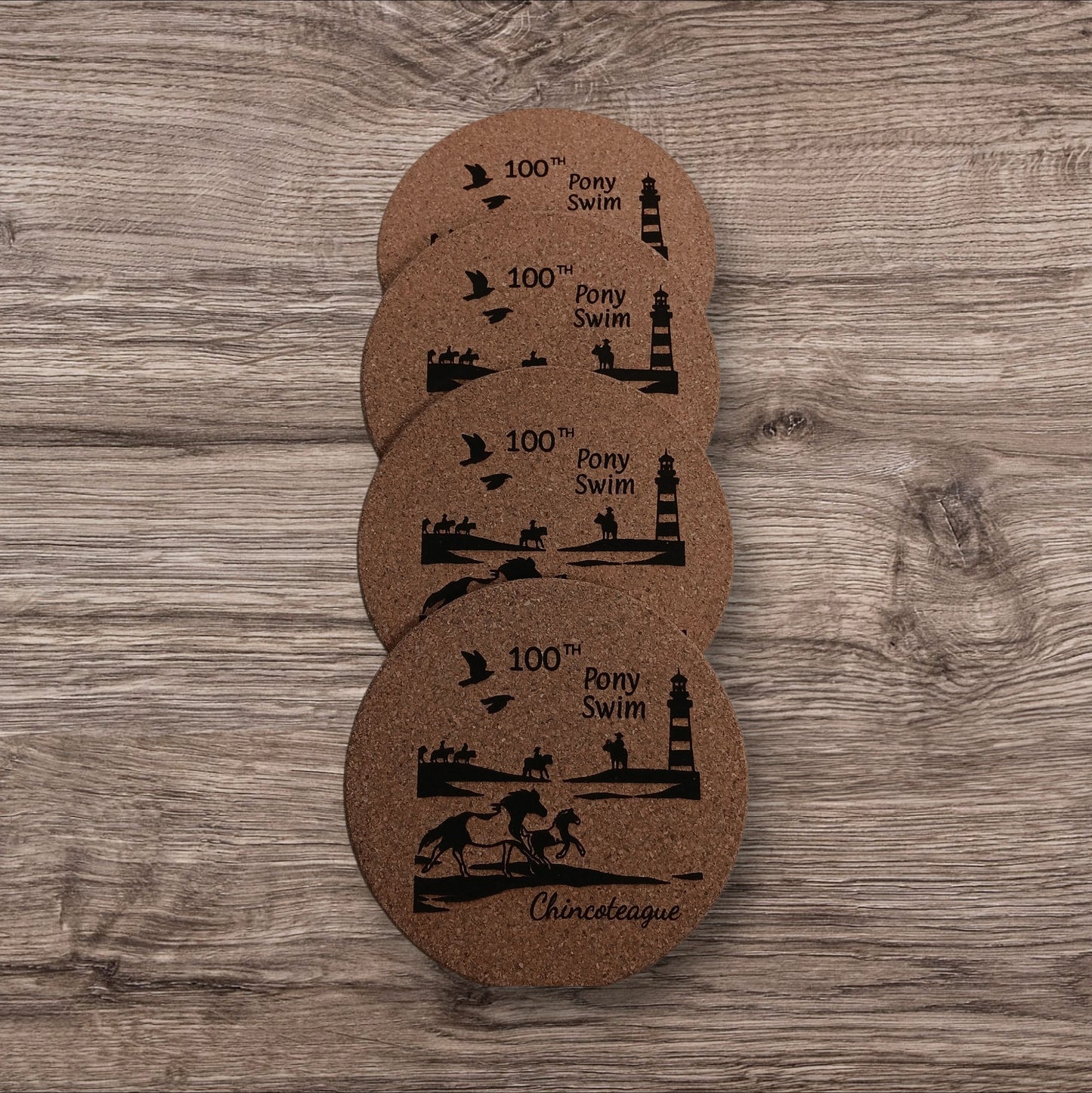 100th Pony Swim Coaster Set- (4) Cork Coasters!