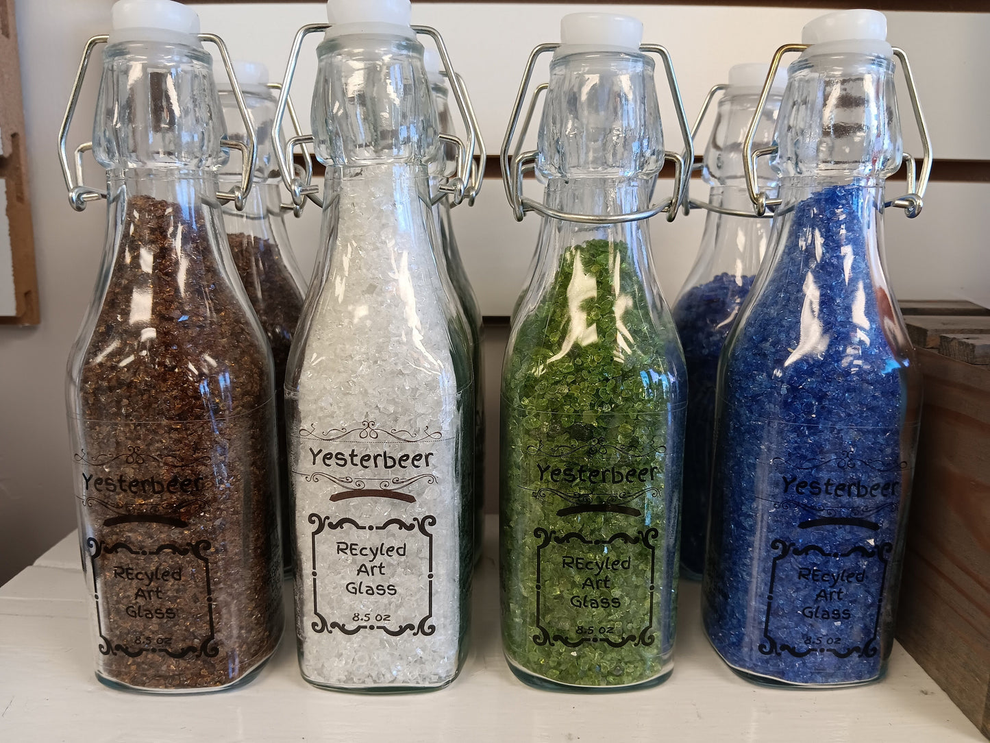 Recycled crushed glass- flip lever top bottle!