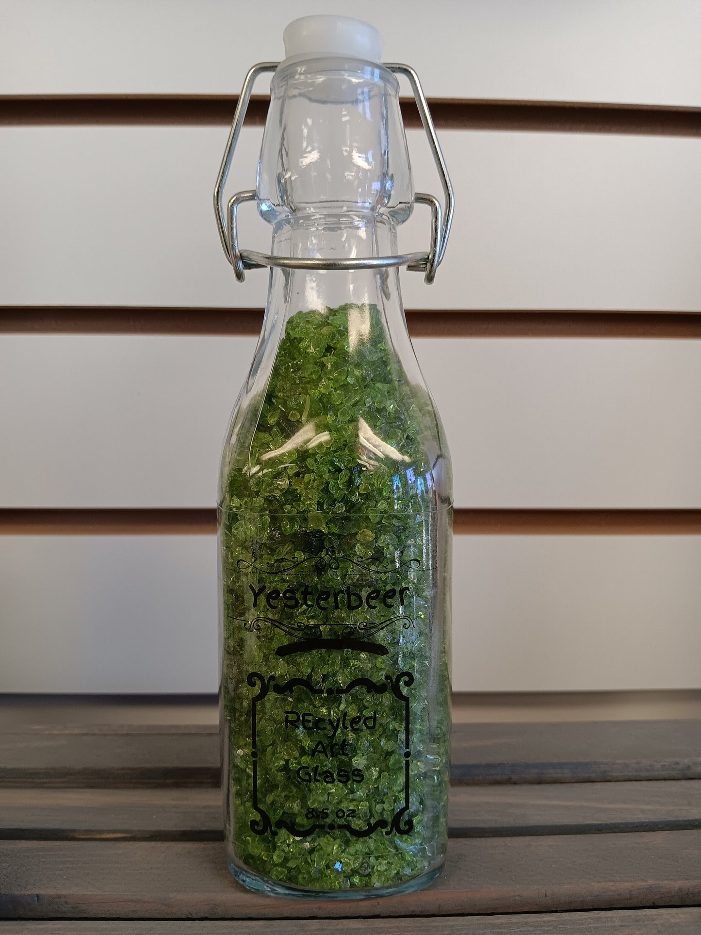 Recycled crushed glass- flip lever top bottle!
