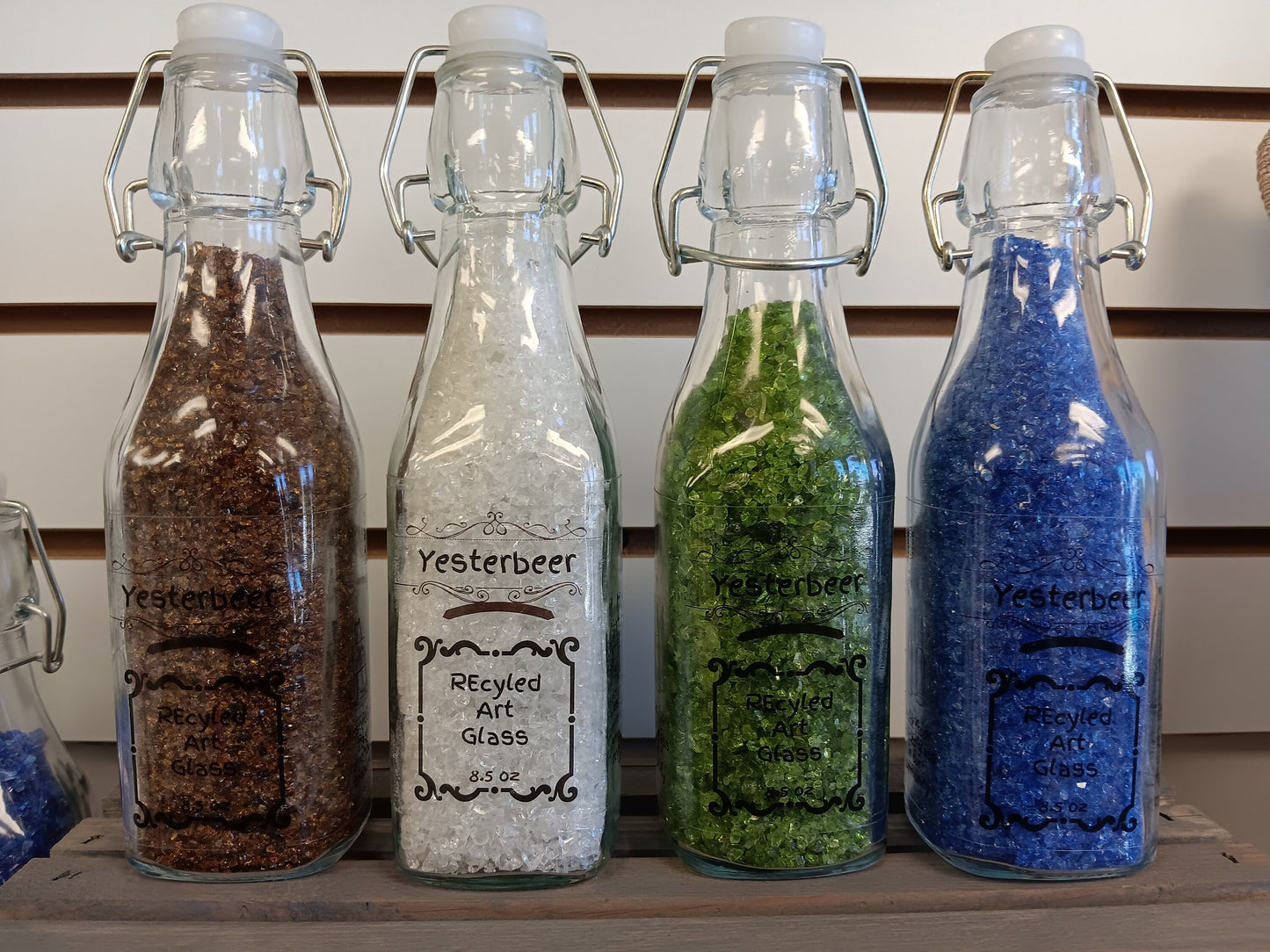 Recycled crushed glass- flip lever top bottle!