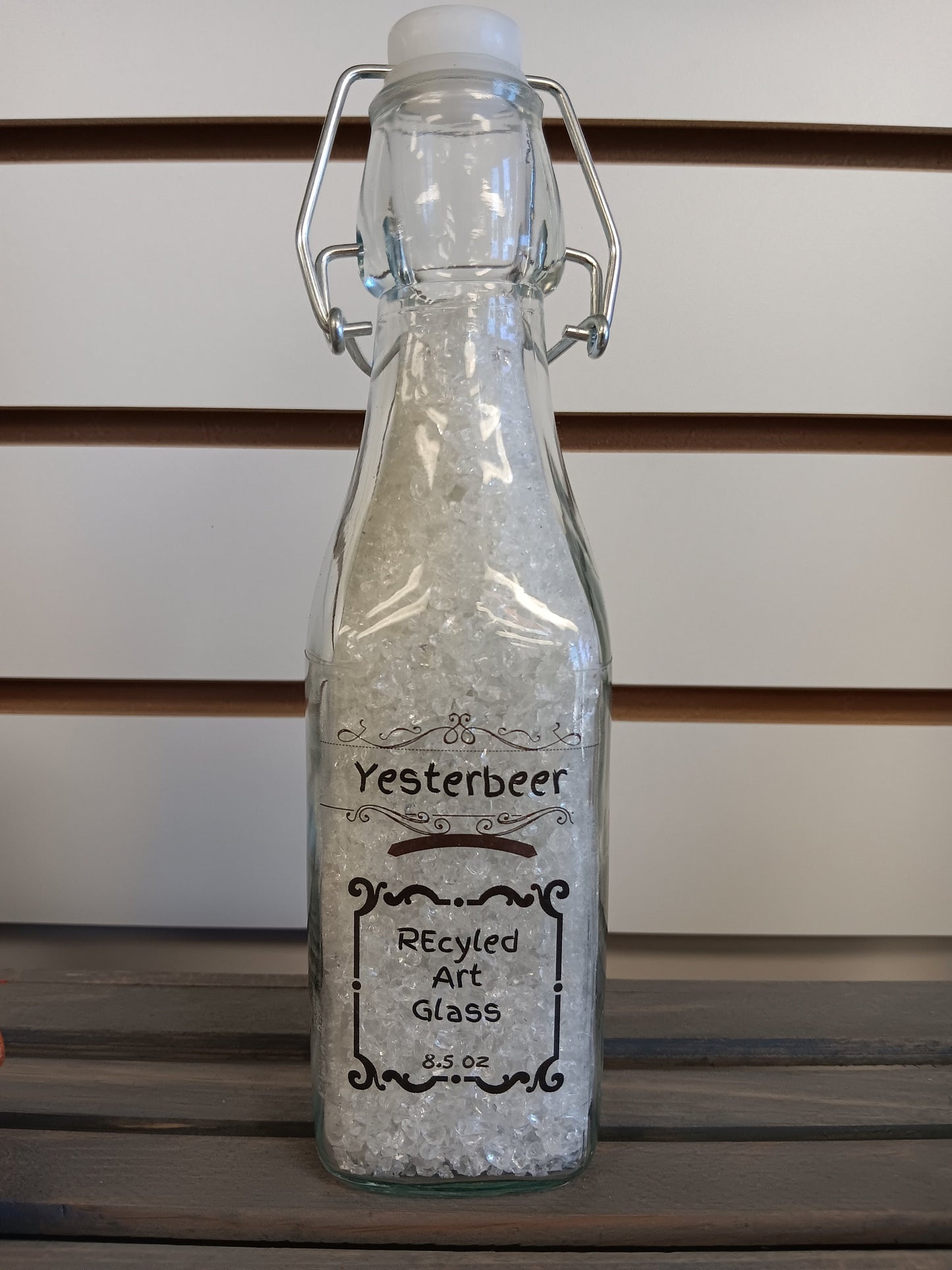 Recycled crushed glass- flip lever top bottle!