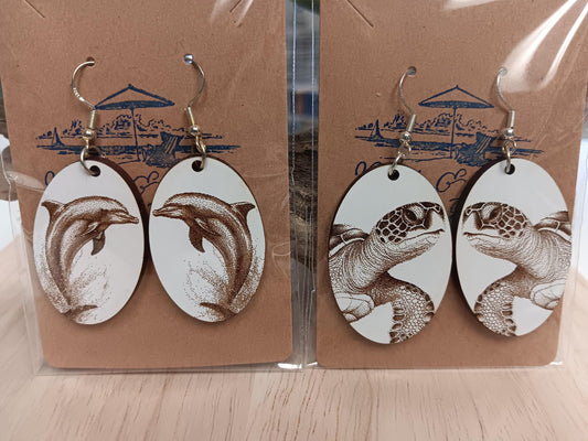 Sea turtle earrings, Dolphin earrings! Engraved wood dangle earrings