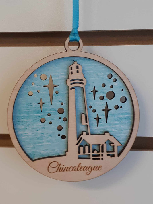 Layered wooden Chincoteague Island Lighthouse ornament