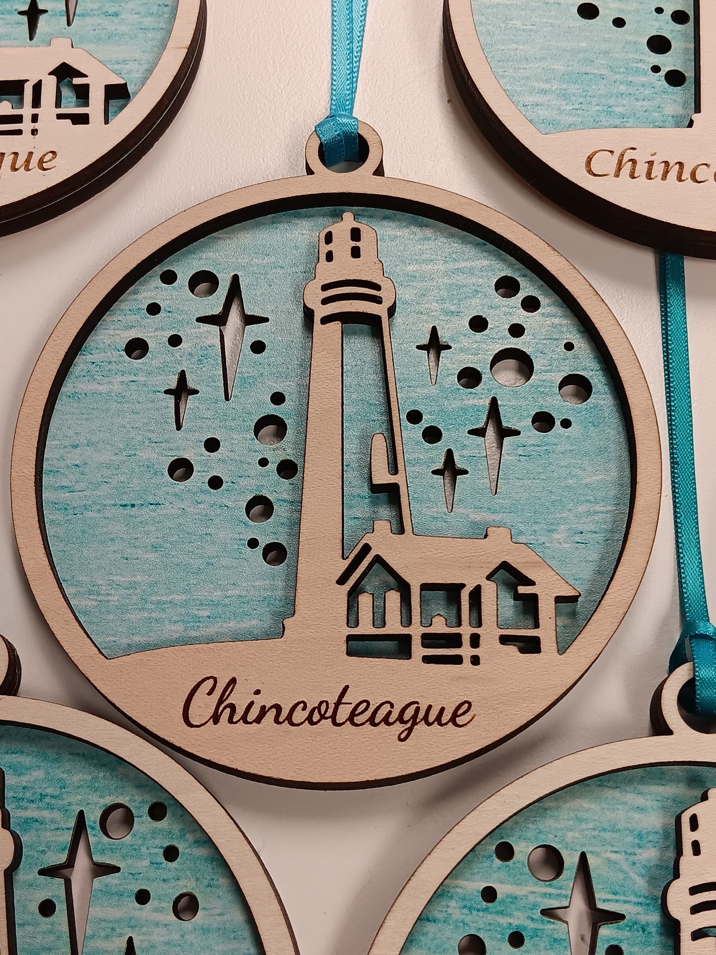 Layered wooden Chincoteague Island Lighthouse ornament